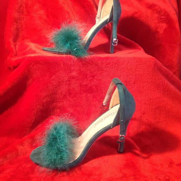 Crystal Queen Kelly Green Suede Open Toe Feather Ankle Strap Heels Size 40 - Picture 3 of 9